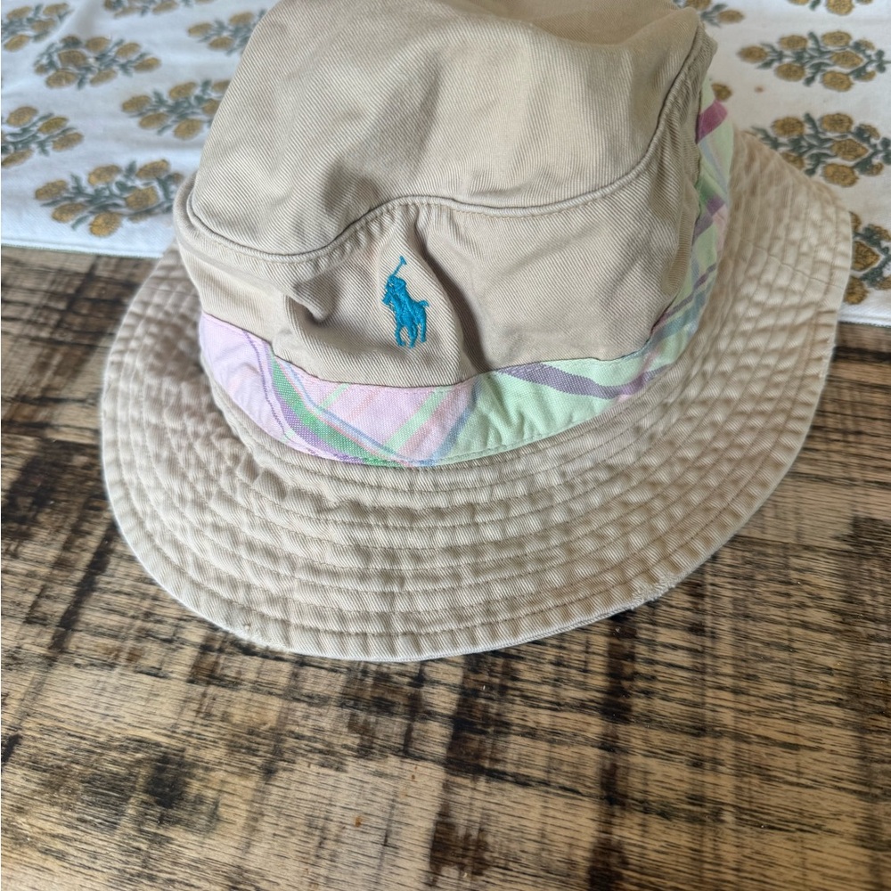 Polo by Ralph Lauren Tan Bucket Hat with Pastel Plaid Band and Teal Logo small - Picture 2 of 5
